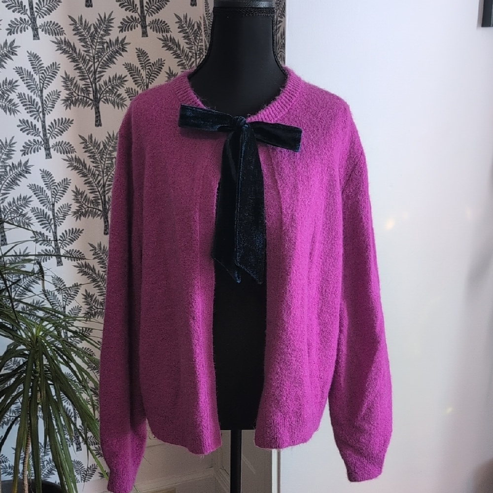 Boden Magenta Cardigan with Black Velvet Bow